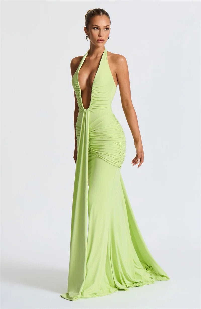 Maxi Dress Deep V Neck Draped Ruched Halter Backless For Club And Evening Wear Elegant Style - SN Wigs & More