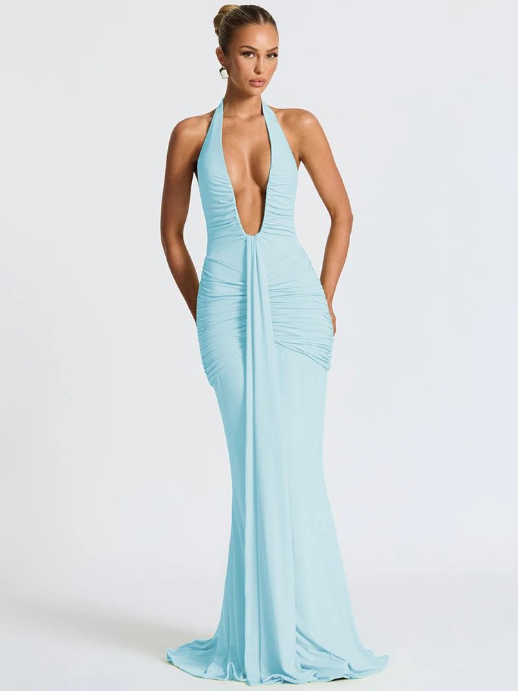 Maxi Dress Deep V Neck Draped Ruched Halter Backless For Club And Evening Wear Elegant Style - SN Wigs & More