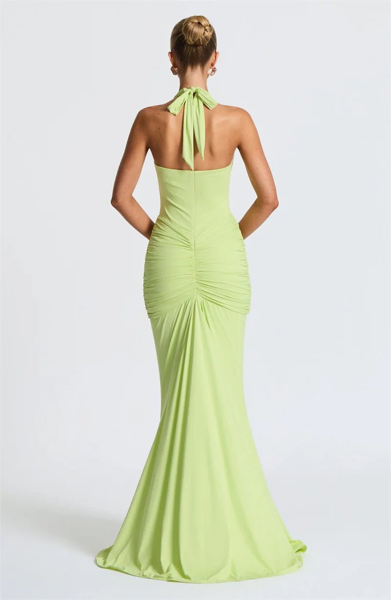 Maxi Dress Deep V Neck Draped Ruched Halter Backless For Club And Evening Wear Elegant Style - SN Wigs & More