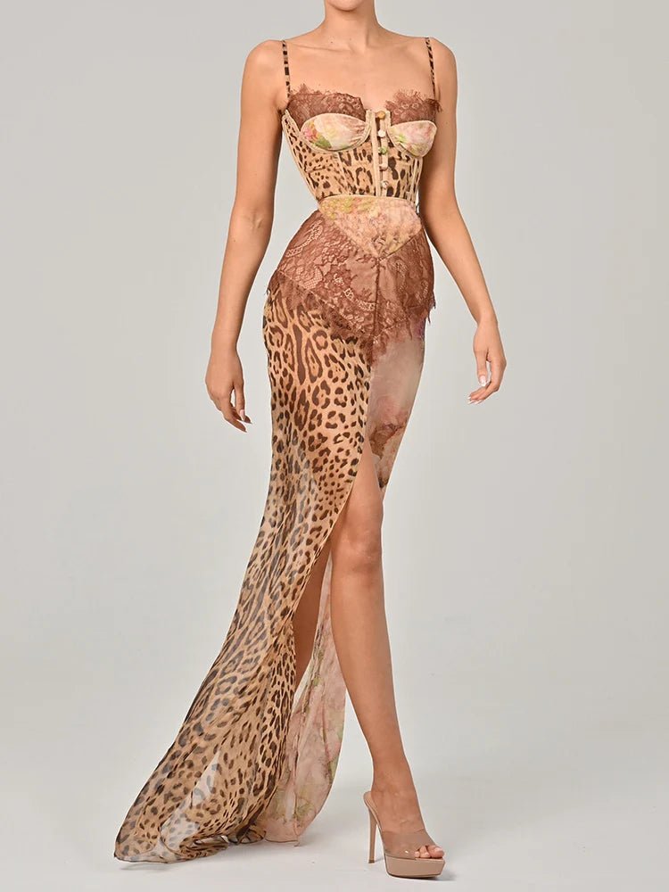 Maxi Dress Leopard Print Lace Backless – Elegant Evening - SN Wigs & More