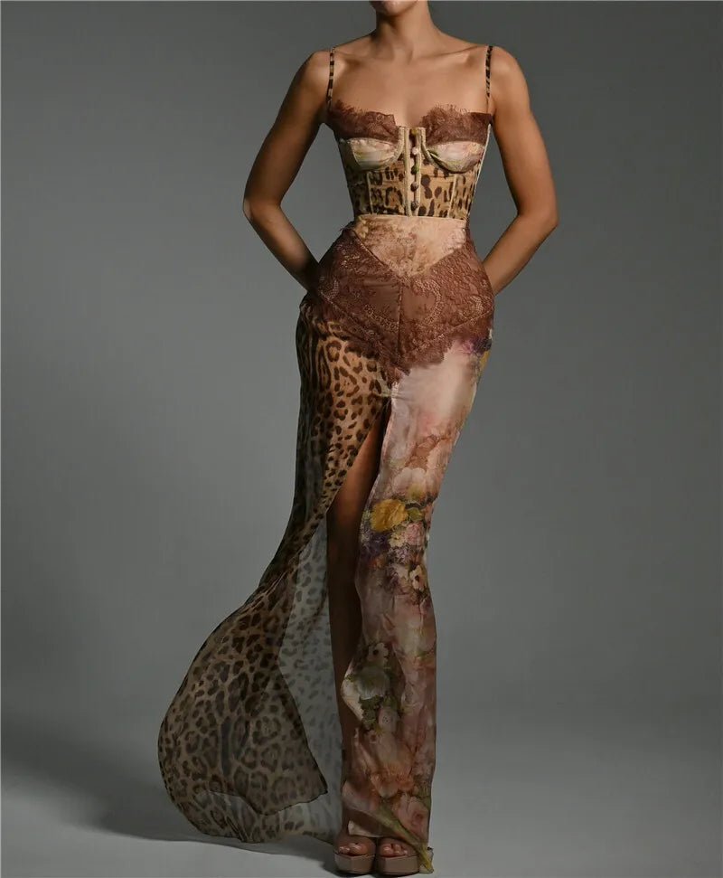 Maxi Dress Leopard Print Lace Backless – Elegant Evening - SN Wigs & More