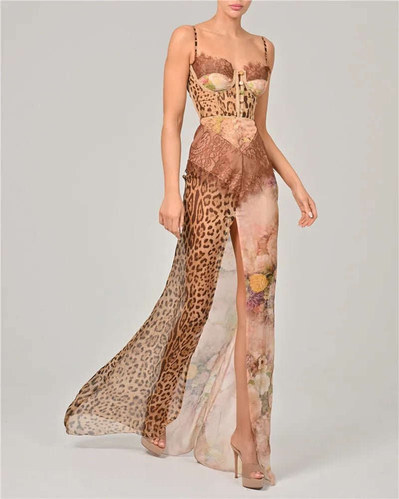 Maxi Dress Leopard Print Lace Backless – Elegant Evening - SN Wigs & More
