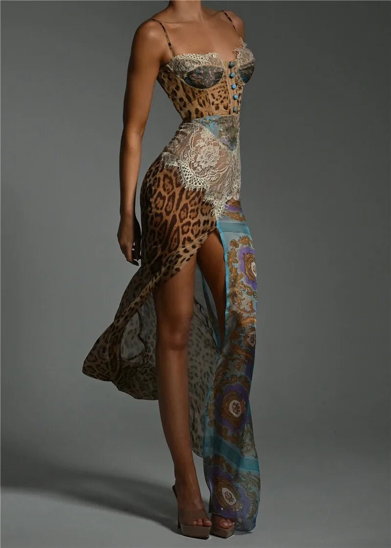 Maxi Dress Leopard Print Lace Backless – Elegant Evening - SN Wigs & More