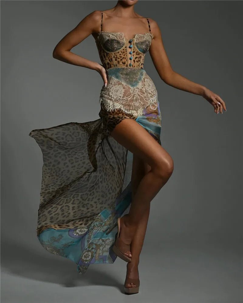 Maxi Dress Leopard Print Lace Backless – Elegant Evening - SN Wigs & More