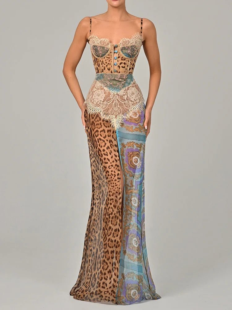 Maxi Dress Leopard Print Lace Backless – Elegant Evening - SN Wigs & More