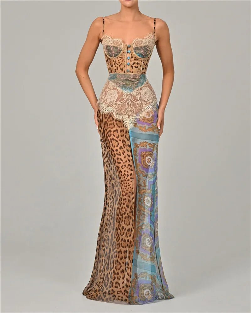 Maxi Dress Leopard Print Lace Backless – Elegant Evening - SN Wigs & More