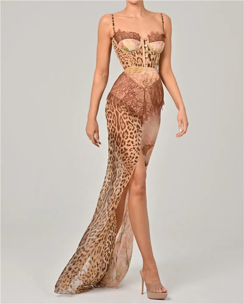 Maxi Dress Leopard Print Lace Backless – Elegant Evening - SN Wigs & More