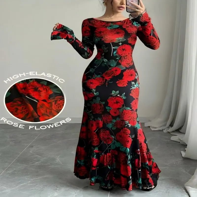Maxi Dress + Romantic Delicate Rose Print Floral Pattern + Elegant Fishtail Silhouette - SN Wigs & More
