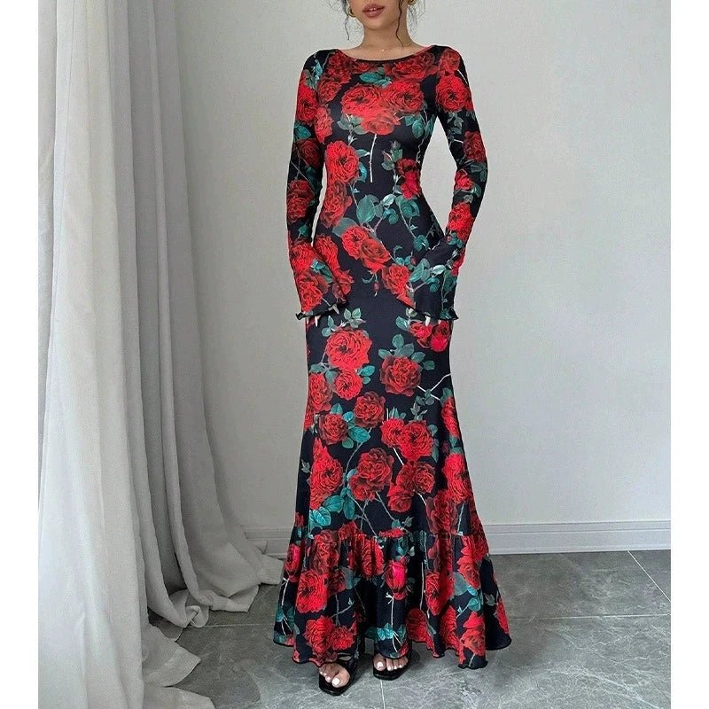 Maxi Dress + Romantic Delicate Rose Print Floral Pattern + Elegant Fishtail Silhouette - SN Wigs & More