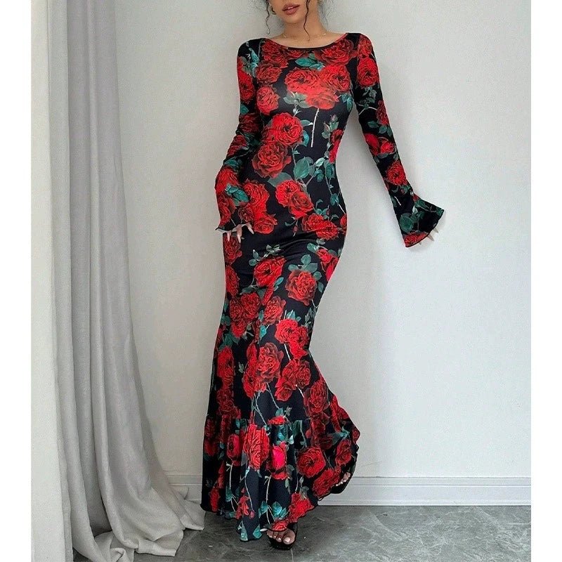 Maxi Dress + Romantic Delicate Rose Print Floral Pattern + Elegant Fishtail Silhouette - SN Wigs & More