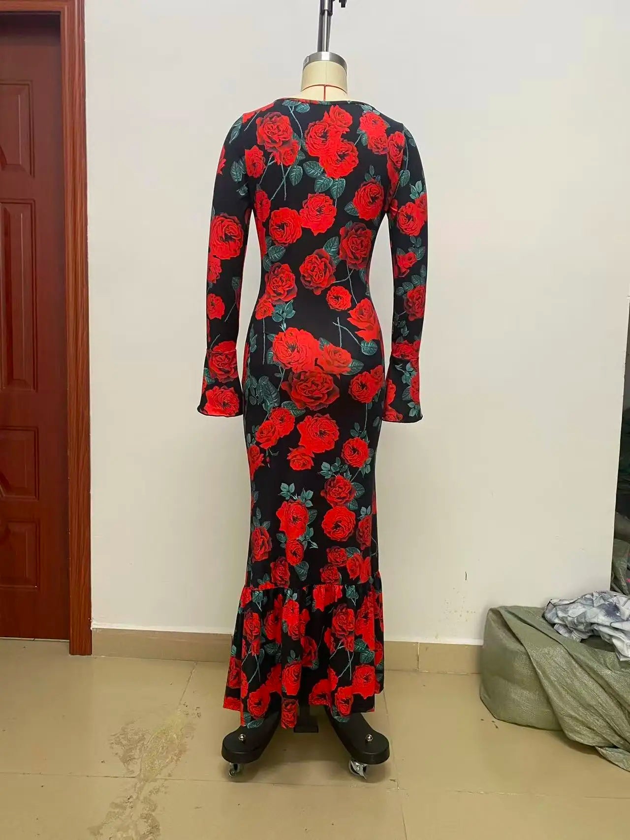 Maxi Dress + Romantic Delicate Rose Print Floral Pattern + Elegant Fishtail Silhouette - SN Wigs & More