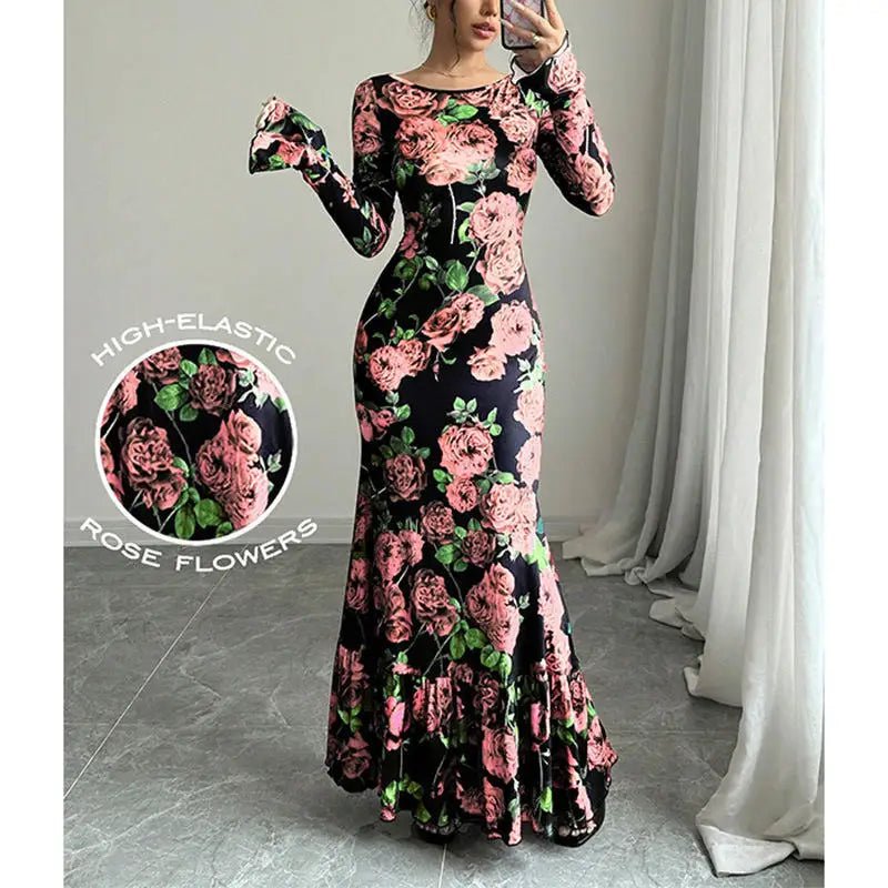 Maxi Dress + Romantic Delicate Rose Print Floral Pattern + Elegant Fishtail Silhouette - SN Wigs & More
