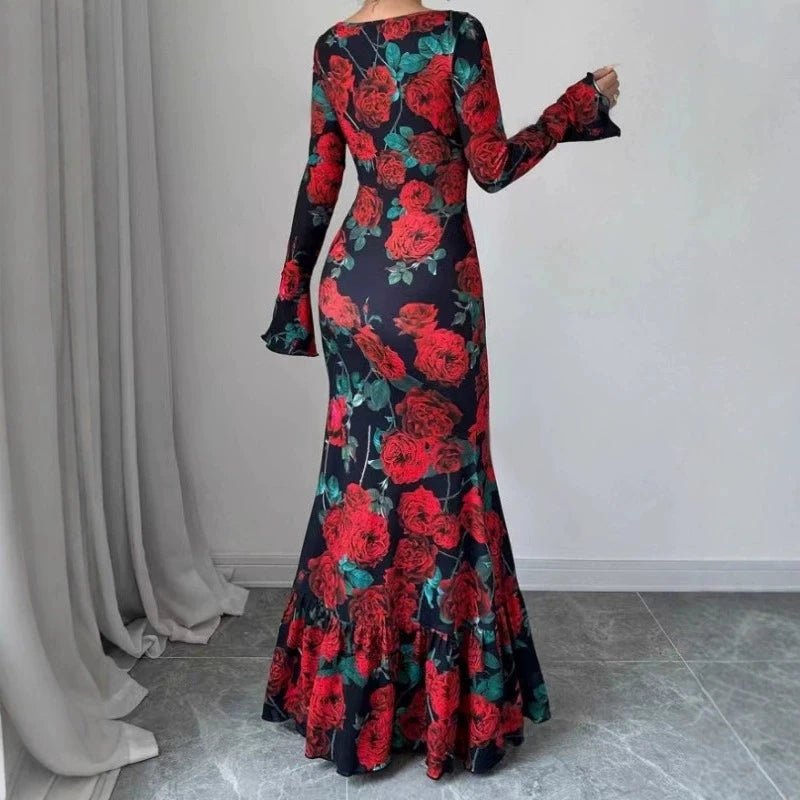Maxi Dress + Romantic Delicate Rose Print Floral Pattern + Elegant Fishtail Silhouette - SN Wigs & More