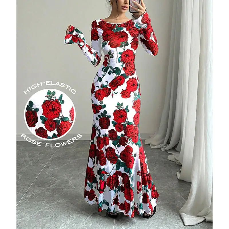 Maxi Dress + Romantic Delicate Rose Print Floral Pattern + Elegant Fishtail Silhouette - SN Wigs & More