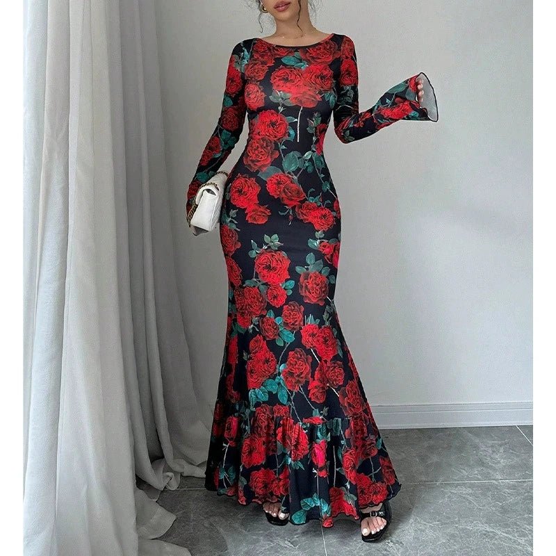 Maxi Dress + Romantic Delicate Rose Print Floral Pattern + Elegant Fishtail Silhouette - SN Wigs & More
