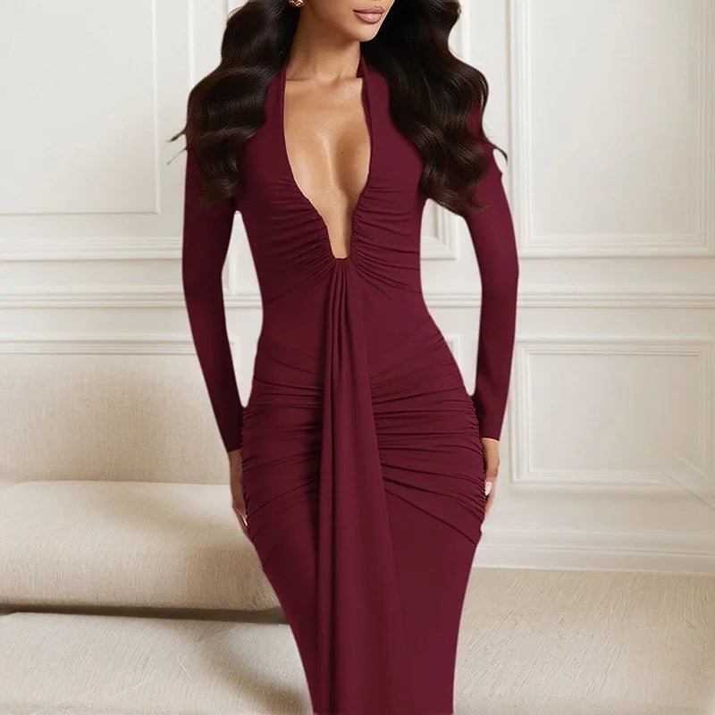 Maxi Dress With Deep V Neck Long Sleeve And Ruched Draped Bodycon Fit For Formal And Party Occasions Elegant Clubwear - SN Wigs & More