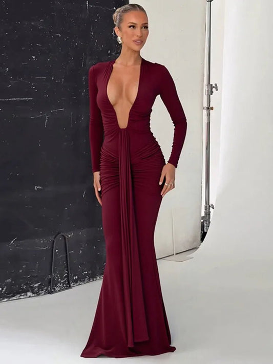 Maxi Dress With Deep V Neck Long Sleeve And Ruched Draped Bodycon Fit For Formal And Party Occasions Elegant Clubwear - SN Wigs & More
