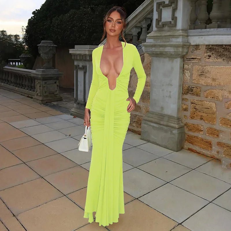 Maxi Dress With Deep V Neck Long Sleeve And Ruched Draped Bodycon Fit For Formal And Party Occasions Elegant Clubwear - SN Wigs & More