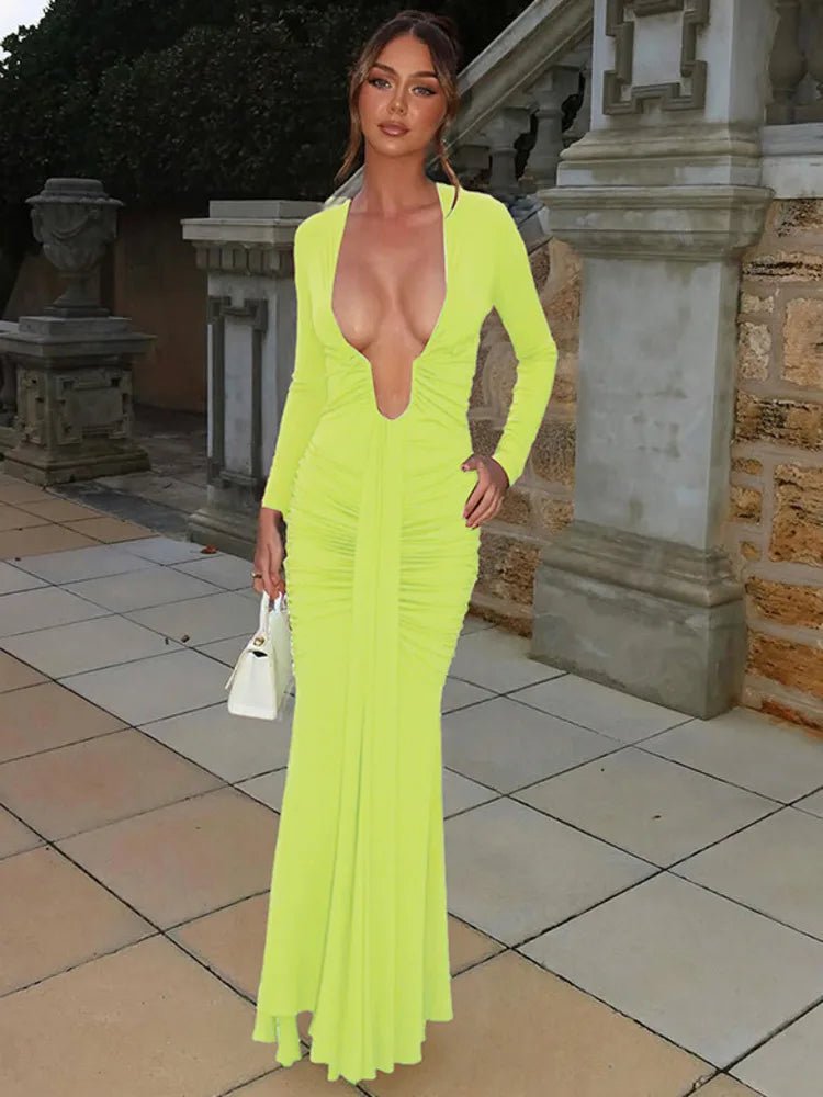 Maxi Dress With Deep V Neck Long Sleeve And Ruched Draped Bodycon Fit For Formal And Party Occasions Elegant Clubwear - SN Wigs & More