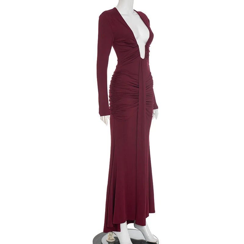 Maxi Dress With Deep V Neck Long Sleeve And Ruched Draped Bodycon Fit For Formal And Party Occasions Elegant Clubwear - SN Wigs & More