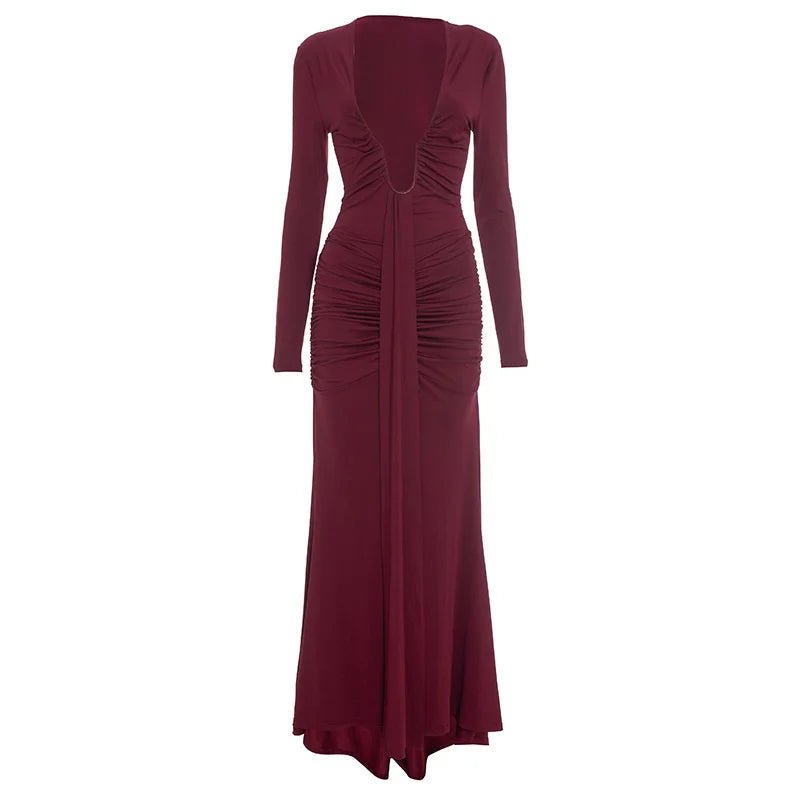 Maxi Dress With Deep V Neck Long Sleeve And Ruched Draped Bodycon Fit For Formal And Party Occasions Elegant Clubwear - SN Wigs & More