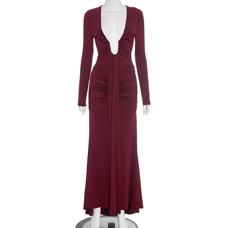 Maxi Dress With Deep V Neck Long Sleeve And Ruched Draped Bodycon Fit For Formal And Party Occasions Elegant Clubwear - SN Wigs & More