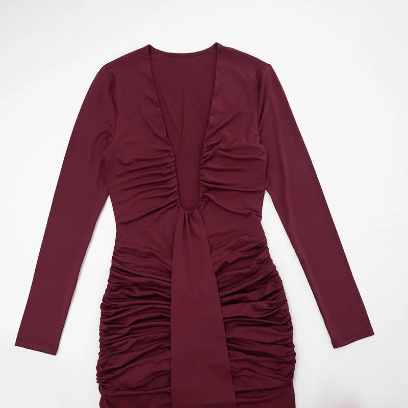 Maxi Dress With Deep V Neck Long Sleeve And Ruched Draped Bodycon Fit For Formal And Party Occasions Elegant Clubwear - SN Wigs & More