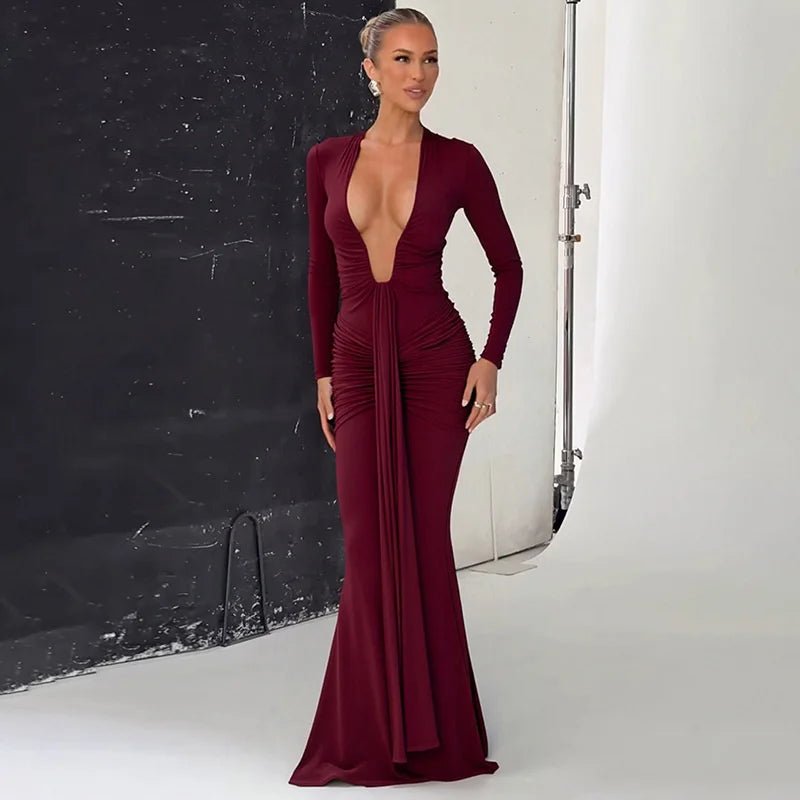 Maxi Dress With Deep V Neck Long Sleeve And Ruched Draped Bodycon Fit For Formal And Party Occasions Elegant Clubwear - SN Wigs & More