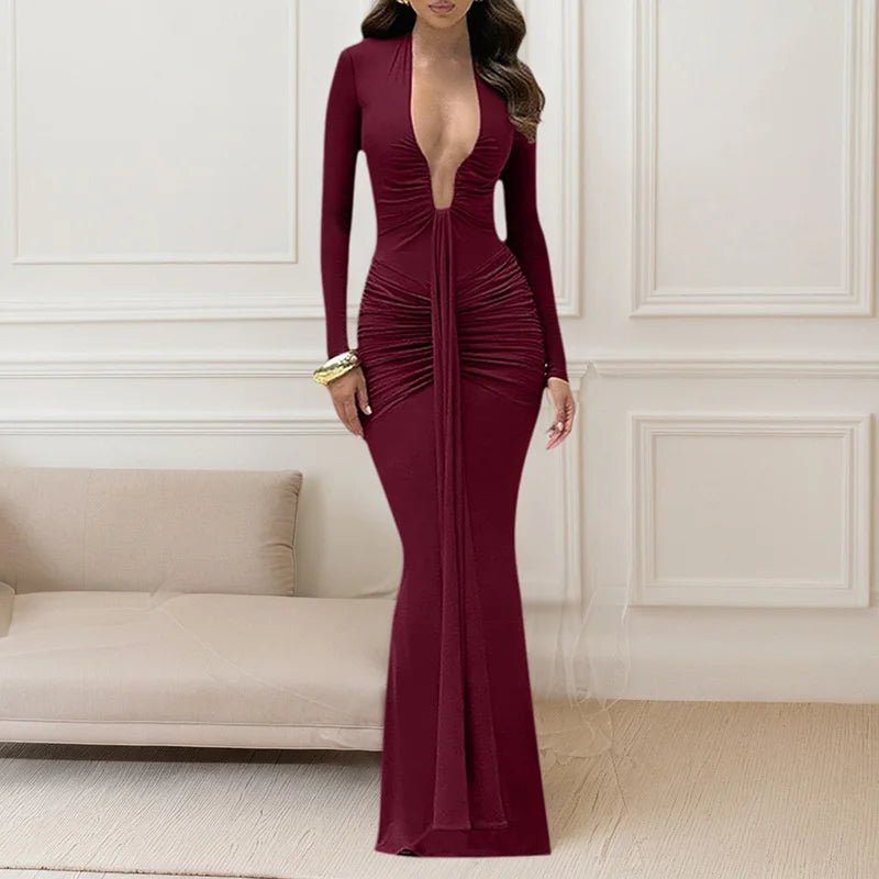 Maxi Dress With Deep V Neck Long Sleeve And Ruched Draped Bodycon Fit For Formal And Party Occasions Elegant Clubwear - SN Wigs & More