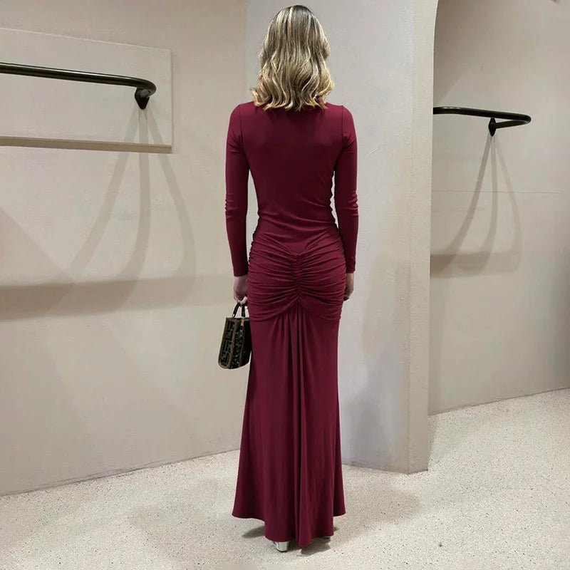 Maxi Dress With Deep V Neck Long Sleeve And Ruched Draped Bodycon Fit For Formal And Party Occasions Elegant Clubwear - SN Wigs & More