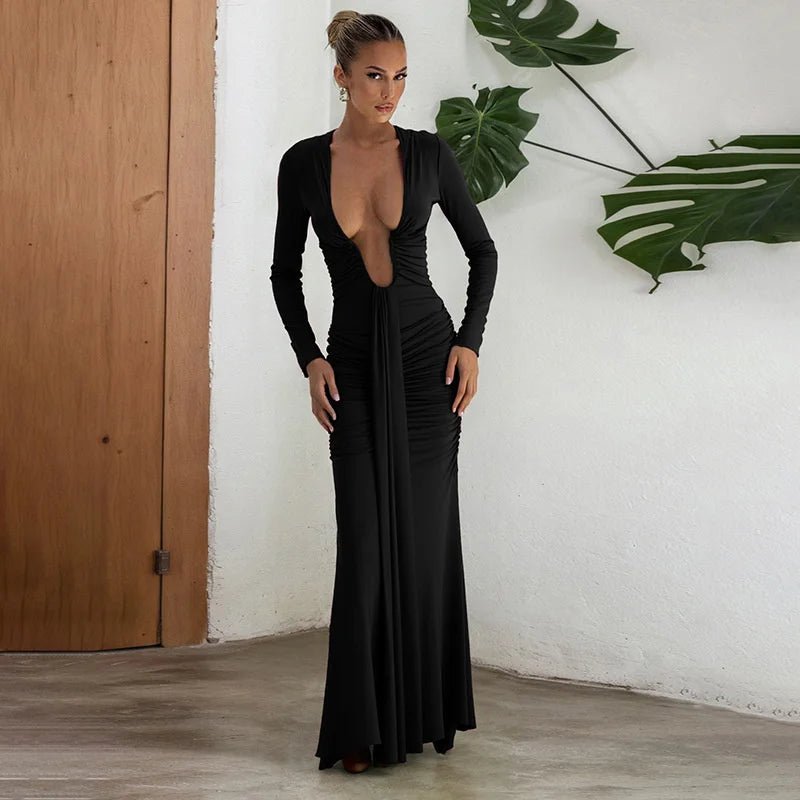 Maxi Dress With Deep V Neck Long Sleeve And Ruched Draped Bodycon Fit For Formal And Party Occasions Elegant Clubwear - SN Wigs & More