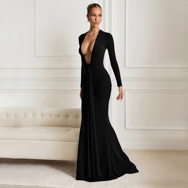 Maxi Dress With Deep V Neck Long Sleeve And Ruched Draped Bodycon Fit For Formal And Party Occasions Elegant Clubwear - SN Wigs & More