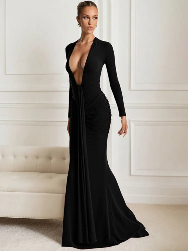 Maxi Dress With Deep V Neck Long Sleeve And Ruched Draped Bodycon Fit For Formal And Party Occasions Elegant Clubwear - SN Wigs & More