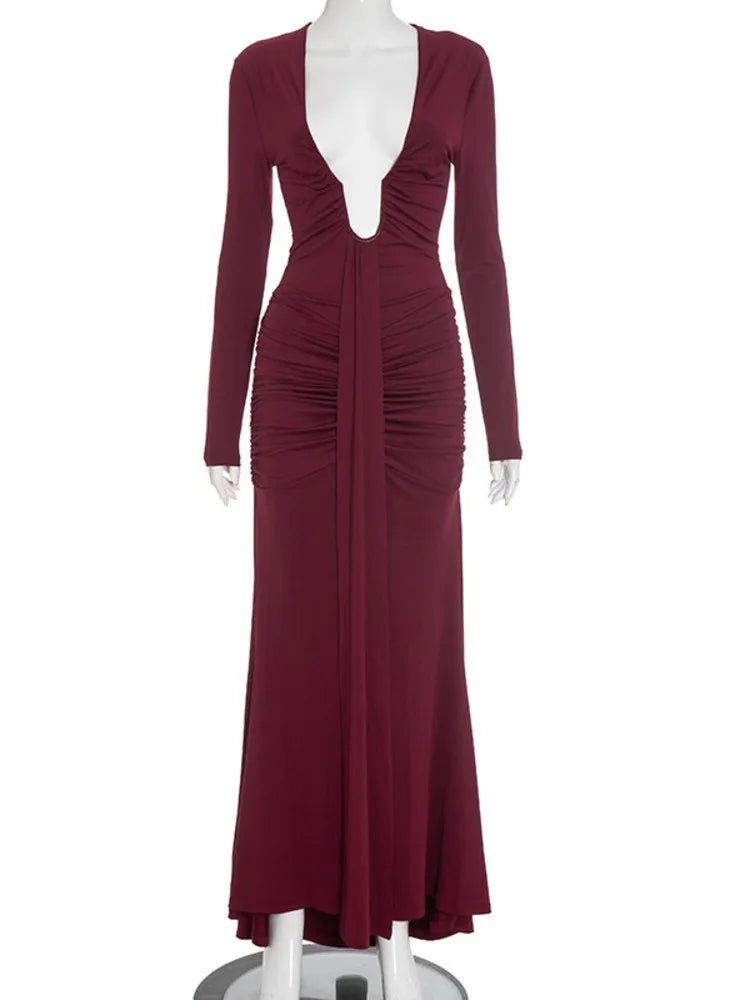 Maxi Dress With Deep V Neck Long Sleeve And Ruched Draped Bodycon Fit For Formal And Party Occasions Elegant Clubwear - SN Wigs & More