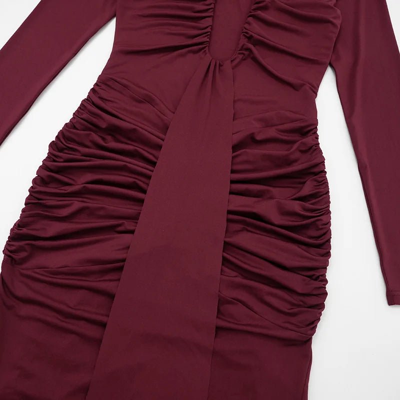 Maxi Dress With Deep V Neck Long Sleeve And Ruched Draped Bodycon Fit For Formal And Party Occasions Elegant Clubwear - SN Wigs & More