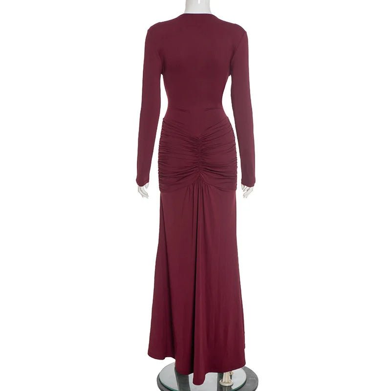 Maxi Dress With Deep V Neck Long Sleeve And Ruched Draped Bodycon Fit For Formal And Party Occasions Elegant Clubwear - SN Wigs & More