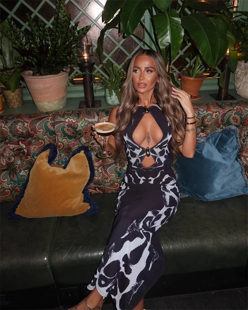Maxi Dress With Hollow Out Print O Neck Sleeveless + Bodycon Club Style - SN Wigs & More