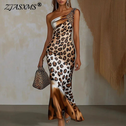 Maxi Dress With Tie - Dye Leopard Print Spliced Detail One Shoulder Sleeveless Party Style - SN Wigs & More