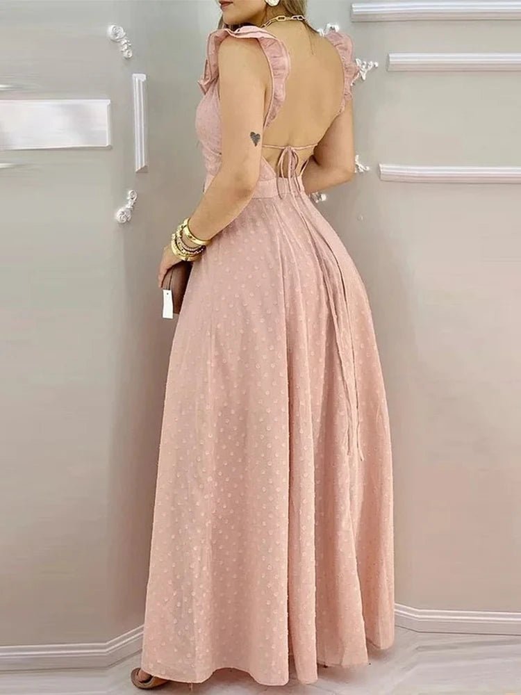Maxi Dress With Yellow Polka Dot Print And Ruffled Neckline Back Tie And Side Slit Bohemian Style - SN Wigs & More