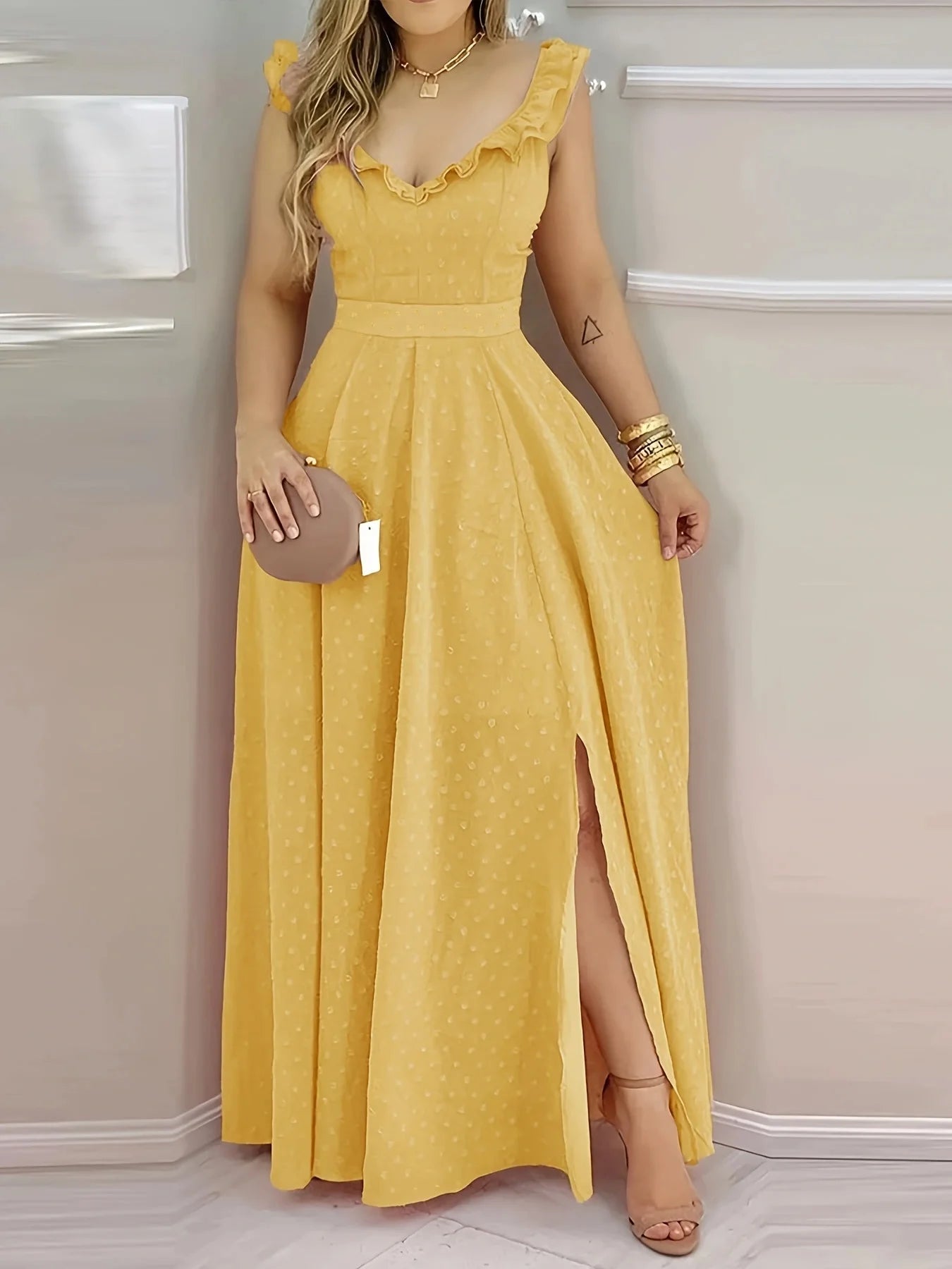 Maxi Dress With Yellow Polka Dot Print And Ruffled Neckline Back Tie And Side Slit Bohemian Style - SN Wigs & More