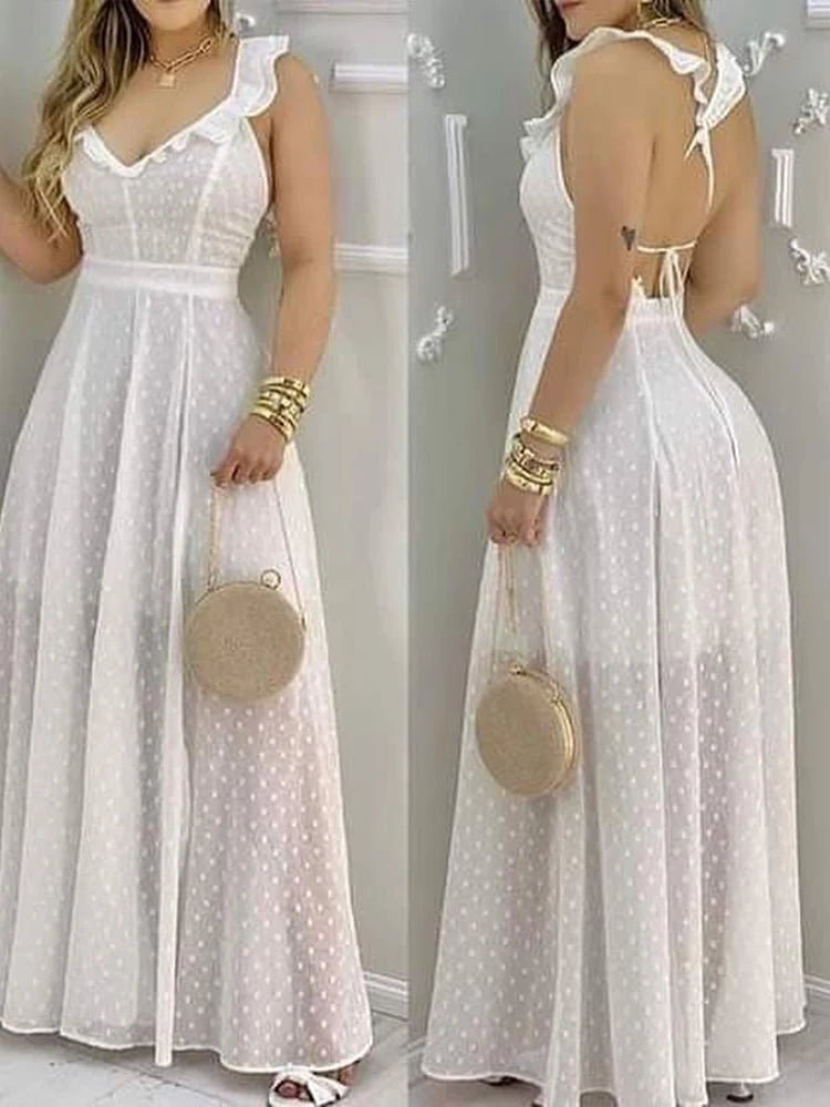 Maxi Dress With Yellow Polka Dot Print And Ruffled Neckline Back Tie And Side Slit Bohemian Style - SN Wigs & More
