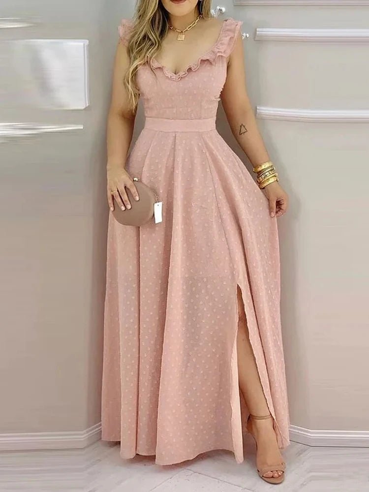 Maxi Dress With Yellow Polka Dot Print And Ruffled Neckline Back Tie And Side Slit Bohemian Style - SN Wigs & More