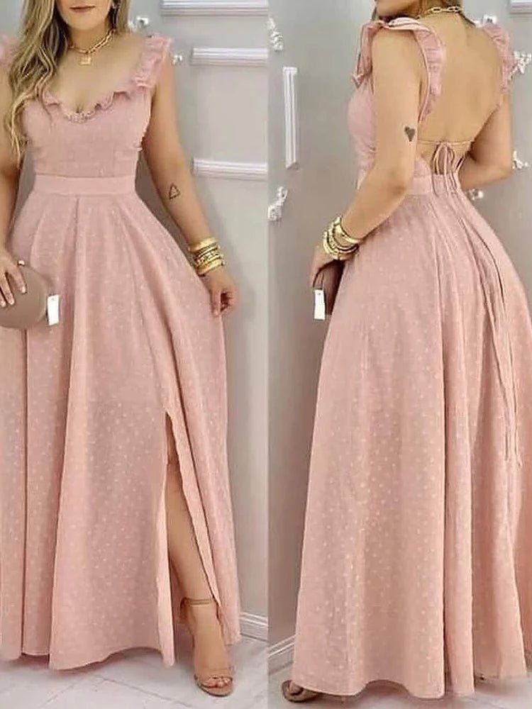 Maxi Dress With Yellow Polka Dot Print And Ruffled Neckline Back Tie And Side Slit Bohemian Style - SN Wigs & More