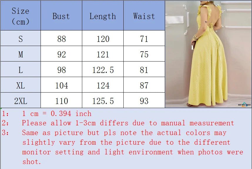 Maxi Dress With Yellow Polka Dot Print And Ruffled Neckline Back Tie And Side Slit Bohemian Style - SN Wigs & More