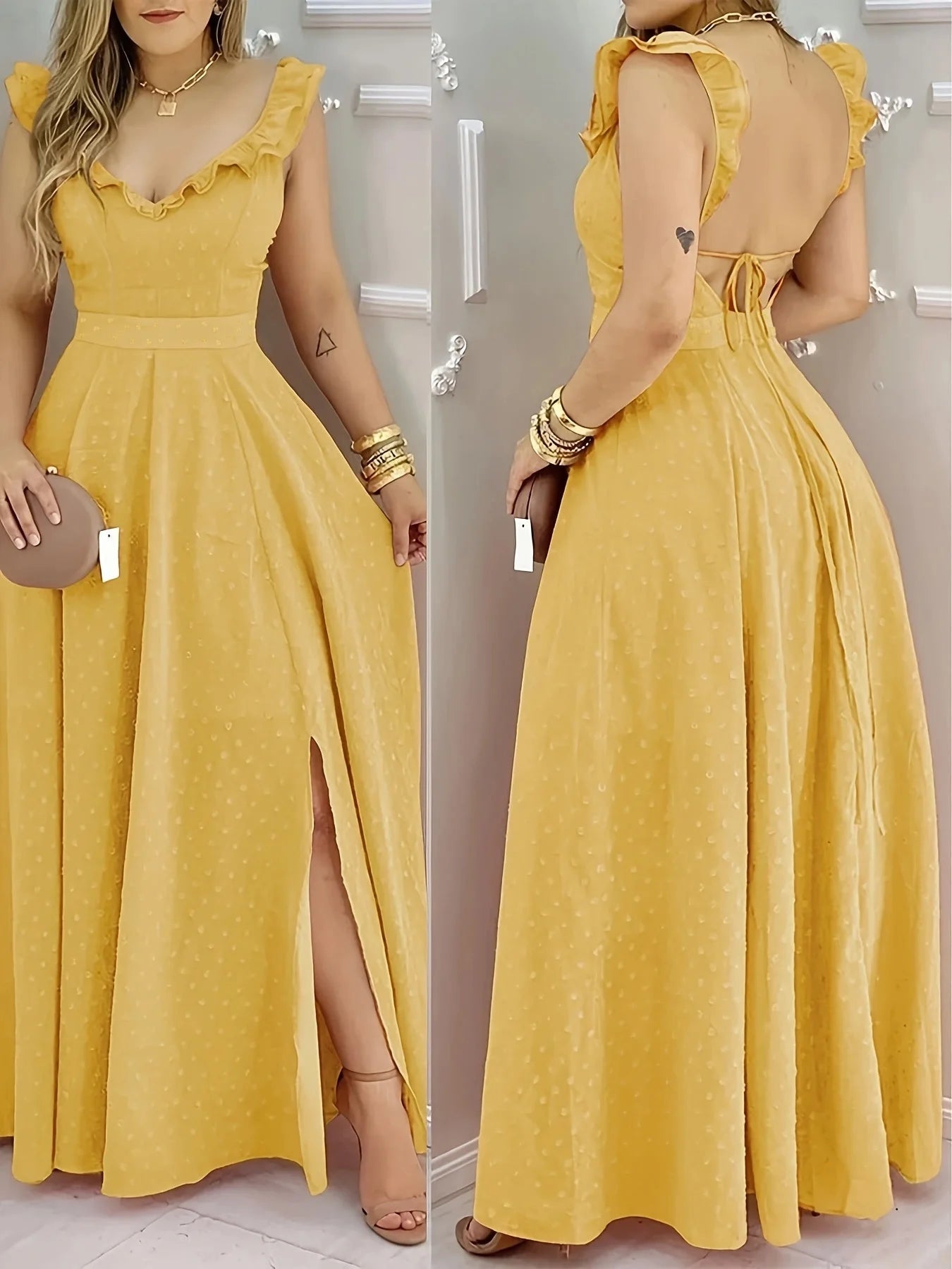 Maxi Dress With Yellow Polka Dot Print And Ruffled Neckline Back Tie And Side Slit Bohemian Style - SN Wigs & More