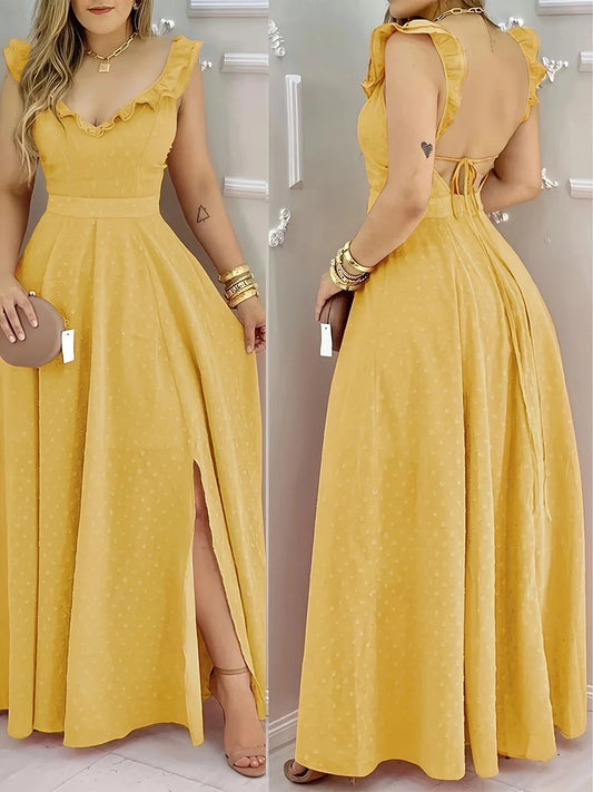 Maxi Dress With Yellow Polka Dot Print And Ruffled Neckline Back Tie And Side Slit Bohemian Style - SN Wigs & More