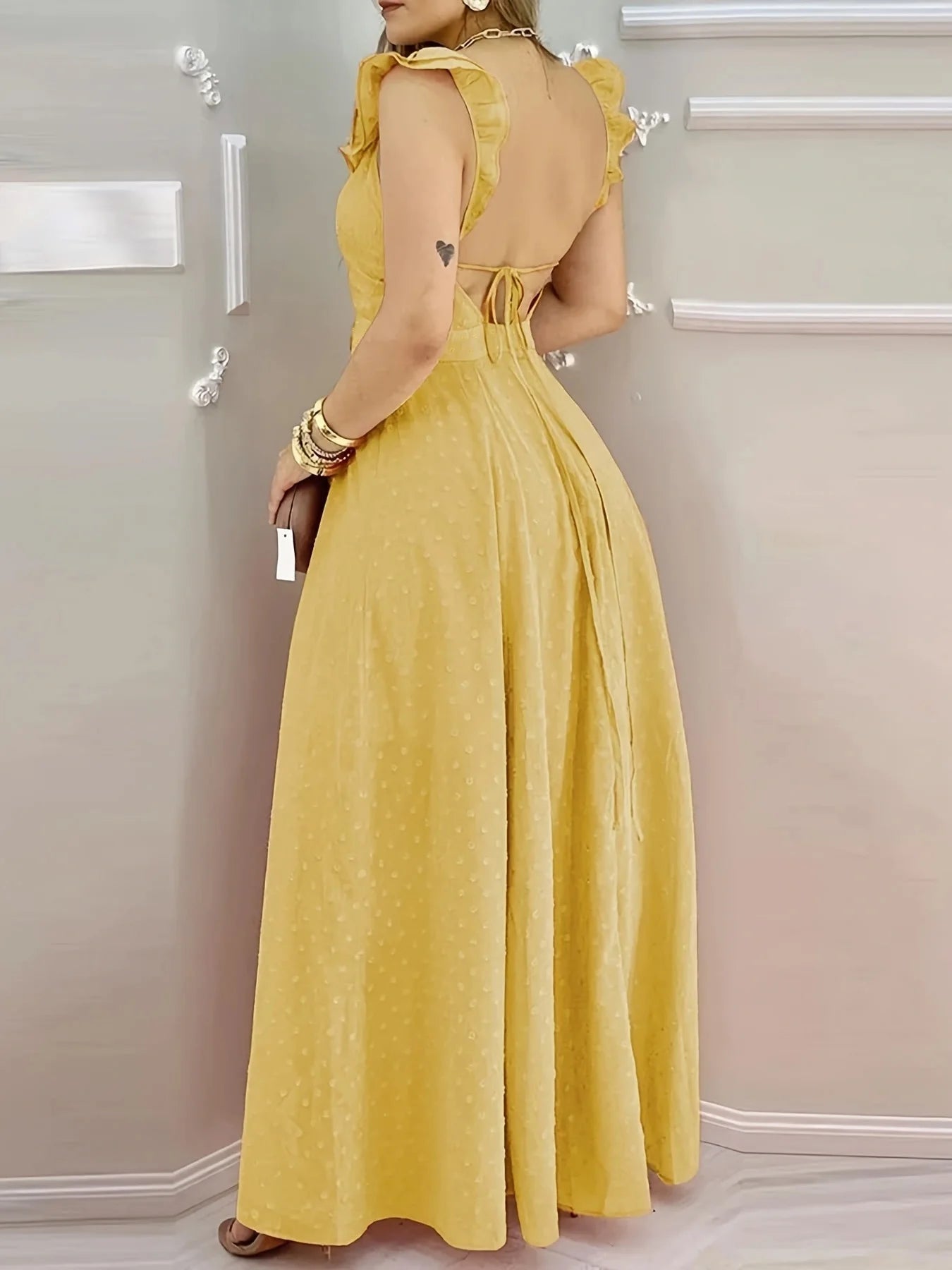 Maxi Dress With Yellow Polka Dot Print And Ruffled Neckline Back Tie And Side Slit Bohemian Style - SN Wigs & More