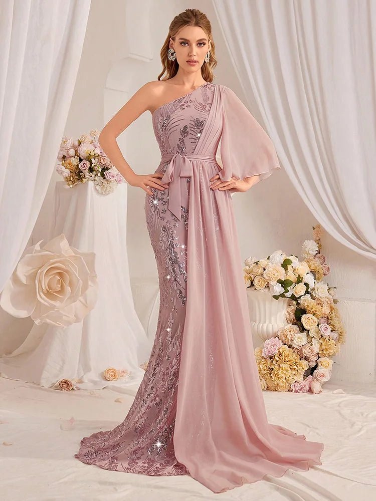 Maxi Gown Sequin One Shoulder Patchwork Formal Style - SN Wigs & More