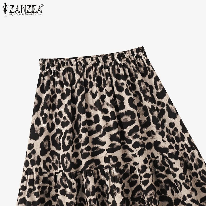 Maxi Skirt Leopard Print With Ruffle Detail In Loose A Line Style For Summer Party - SN Wigs & More
