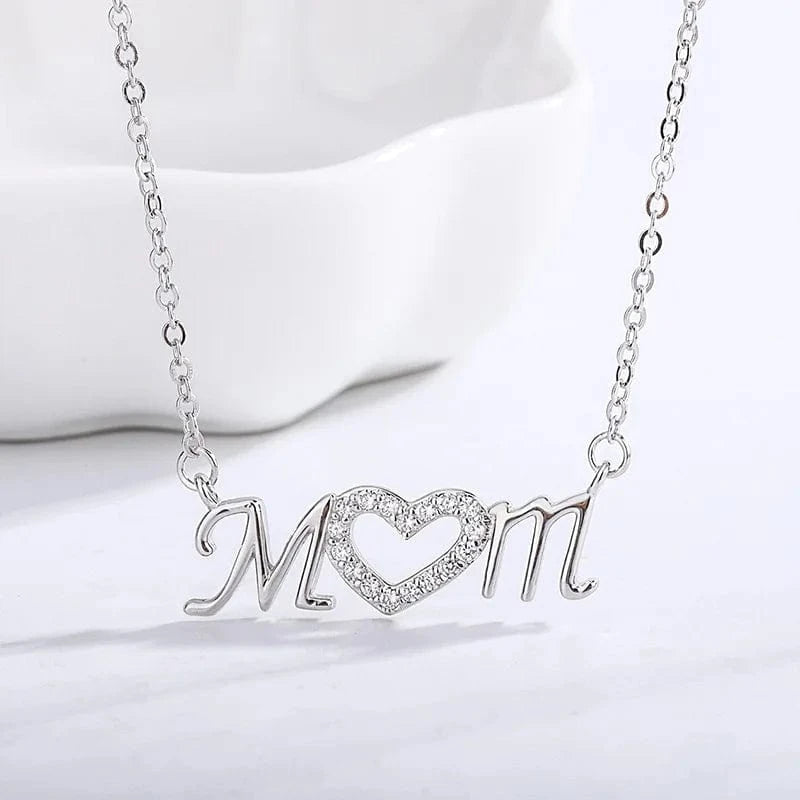 MD04 Mothers Day Gift Minimalism Jewelry Heart Inlaid Zirconia Mom Letter Pendant 925 Silver Necklace For Women Mama Birthday